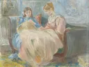 Embroidery, 1889, 2022.1526 van Berthe Morisot: figuren met vrouwen, borduren, interieur en zittend, in zacht roze en blauw