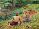 Émile Meninos no Campo van Emile Claus: figuren met kinderen, gras, water en zomer, in fris groen