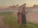 Emile Retour du Champs van Emile Claus: figuren met boerinnen, avond, veld en mist, in goudbruin en grijs