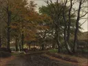 En opkørt vej under gamle træer van Viggo Christian Frederik Vilhelm Pedersen: landschap