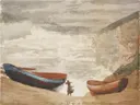 English Coastal Scene van Winslow Homer: zee met strand, roeiboot, golven en kust, in gedempt blauw en wit