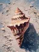 Stilleven schilderij van een enkele schelp op zand