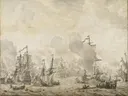 Episode uit de slag in het Sont tussen de Hollandse en Zweedse vloot, 8 november 1658 van Willem van de Velde: zee met vloot, zeeslag, zeilschepen en rook, in licht grijsbeige