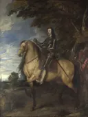Equestrian Portrait of Charles I van Anthony van Dyck: portret met ruiter, paard, boom en harnas, in gedempt bruin en grijsblauw