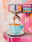 Schilderij van een espressomachine die koffie schenkt in een turquoise kopje.
