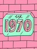 Illustratie van een retro gevelsteen met de tekst est 1970 op een roze bakstenen muur