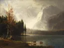 Estes Park, Colorado, Whyte's Lake van Albert Bierstadt: landschap met bergen, meer, dennen en herten, in blauwgrijs en groen