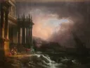 Et De Machy Une tempête à la vue d'un port van Philippe-Jacques de Loutherbourg: zee met storm, golven, ruine en schipbreuk, in warm bruin en roze