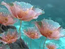 Schilderij van grote doorschijnende bloemen met gouden nerven in turquoise omgeving