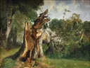 Étude de tronc d'arbre van Alexandre Calame: landschap met boomstam, wortels, gras en struiken, in warm groen en bruin