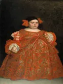 Eugenia Martinez Valleji, called La Monstrua van Juan Carreño de Miranda: portret met kind, rode jurk, strik en staand, in fel oranjerood