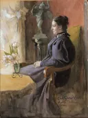 Eva Upmark, 1852-1944, född Kindstrand van Carl Larsson: portret met vrouw, stoel, kamer en bloemen, in gedempt roze met paars