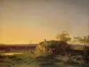 Evening Landscape van Ignaz Raffalt: landschap met boerderij, zonsondergang, koeien en vlakte, in warm geel en bruin