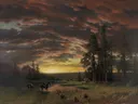 Evening on the Prairie van Albert Bierstadt: landschap met zonsondergang, bomen, prairie en avondlicht, in warm oranje en bruin