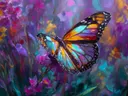 Schilderij van een oranje-turkooizen vlinder tegen een donkere bloemenachtergrond