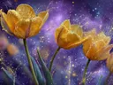 Schilderij van gouden tulpen die oplossen in fonkelend sterrenstof.