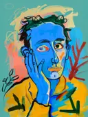 Expressief geschilderd portret in blauwe kleuren