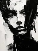 Expressionistisch geschilderd portret in zwart en wit, close-up van een gezicht.