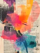 Abstracte collage met paarse, oranje en turquoise verfvlekken op krantenpapier