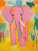 Abstract geschilderde roze olifant met opgeheven slurf tussen groene en gele plantmotieven.