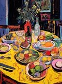 Kleurrijk expressionistisch stilleven van een tafel vol fruit en wijnflessen.