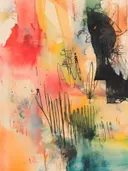 Abstract expressionistisch schilderij met zwarte inktlijnen op een kleurrijke aquarel achtergrond