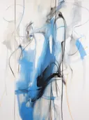 Abstract expressionistisch schilderij met blauwe verfstreken en zwarte kalligrafische lijnen.