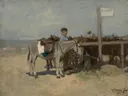 Ezelstandplaats op het strand te Scheveningen van Anton Mauve: dieren met ezels, strand, jongen en zee, in gedempt grijsblauw