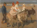 Ezeltje rijden langs het strand van Isaac Israels: figuren met kinderen, ezels, strand en zee, in warm zand en roze