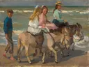 Ezeltje rijden van Isaac Israëls: figuren met kinderen, ezels, strand en zee, in licht blauw en roze
