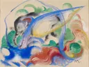 Fairy Animal van Franz Marc: abstract met kleurvlekken, vormen, aquarel en lijnen, in blauw, rood en groen op wit
