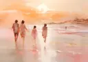 Schilderij van een familie die wandelt op het strand bij zonsondergang