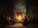 Schilderij van een familiebijeenkomst rond een open haard