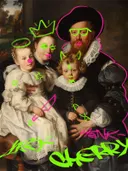 Graffiti-kunstwerk 'Familieportret Graffiti Editie', klassiek portret met street-art overspoten
