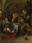 Familietafereel van Jan Steen: figuren met familie, tafel, drinken en muziek, in warm bruin