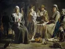 Famille de paysan dans un intérieur van Grégory Lejeune: interieur met boeren, gezin, brood en kinderen, in donkerbruin en grijs