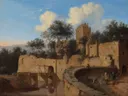 Fantasie gezicht op Arnhem van Jan van der Heyden: landschap met ruine, stadsmuur, brug en water, in warm bruin en blauw