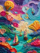 Surrealistisch schilderij van een fantasievolle zee met schelpen en schepen