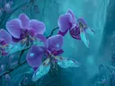 Schilderij van fantasiewezens met doorschijnende vleugels op turquoise orchideeën