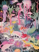 Surrealistische fantasiescène met kleurrijke plant-kwallen en dier-hybride wezens op zwarte achtergrond