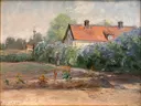 Farmhouse (1891) van Hilma af Klint: landschap met boerderij, huis, bomen en pad, in groen en oker