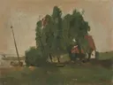 Farmstead van George Hendrik Breitner: landschap met boerderij, bomen, water en weiland, in gedempt groen en grijs