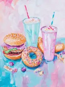 Schilderij van een hamburger, een donut met sprinkles en twee milkshakes.