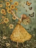 Fee in gele jurk reikend naar bloemen tussen vlinders