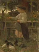 Feeding Chickens van Jacob Maris: figuren met meisje, kippen, hek en boerderij, in warm bruin en groen