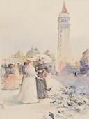 Feeding the Pigeons in the Piazza SN00667635 001 1 001 van Childe Hassam: stad met plein, duiven, mensen en toren, in bleek roze en wit