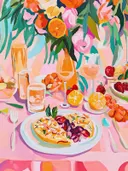 Schilderij van een gedekte brunchtafel met omelet, sinaasappels en bloemen.