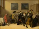Feestend gezelschap van Anthonie Palamedesz.: interieur met gezelschap, muziek, tafel en schilderijen, in warm okergeel