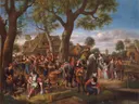 Feestende boeren bij een herberg van Jan Steen: figuren met boeren, herberg, boom en feest, in warm bruin met blauwe lucht