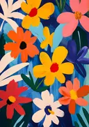 Schilderij van felgekleurde bloemen op blauw